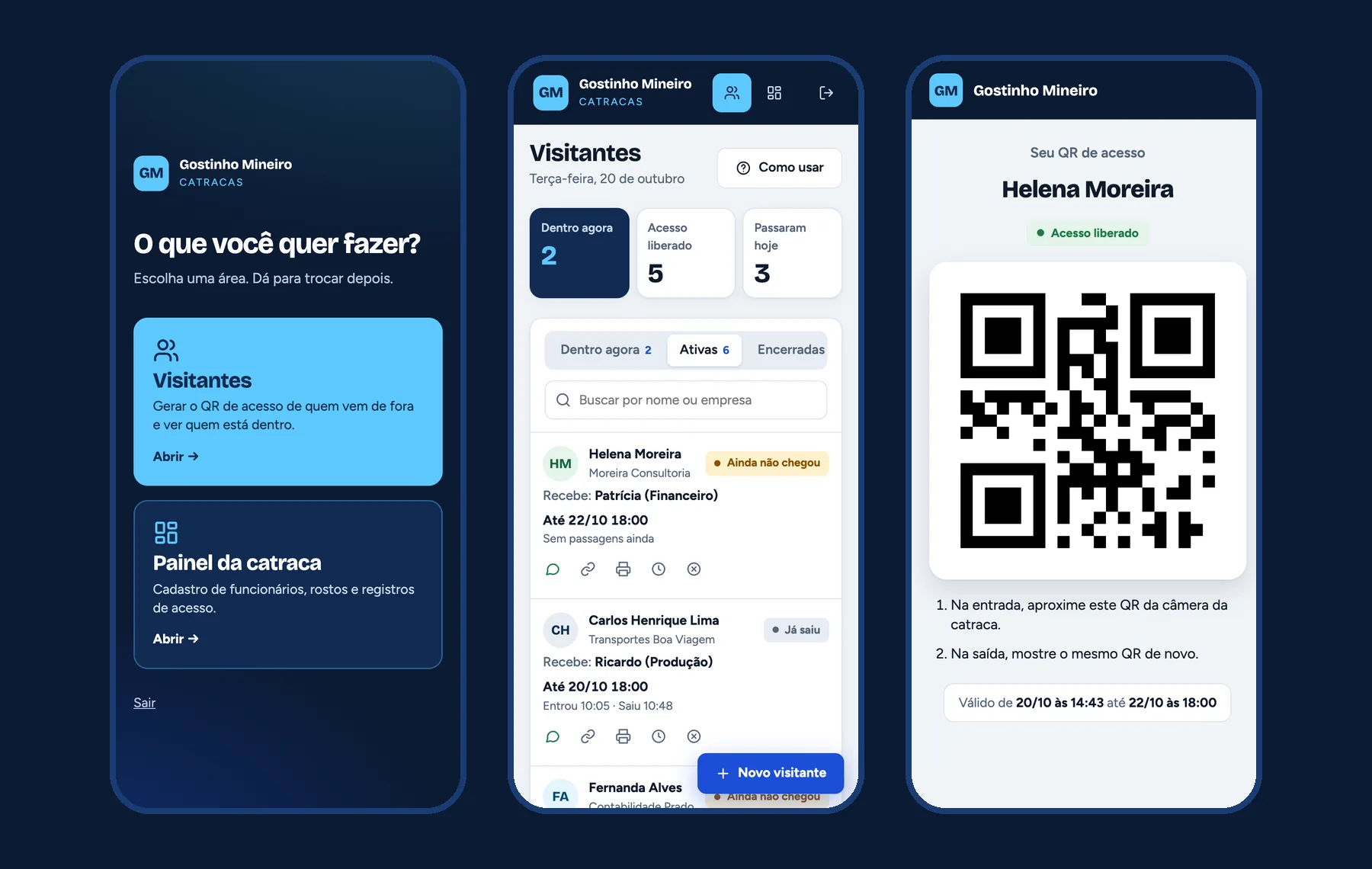 Three phone screens: area choice, the visitor list and the QR page