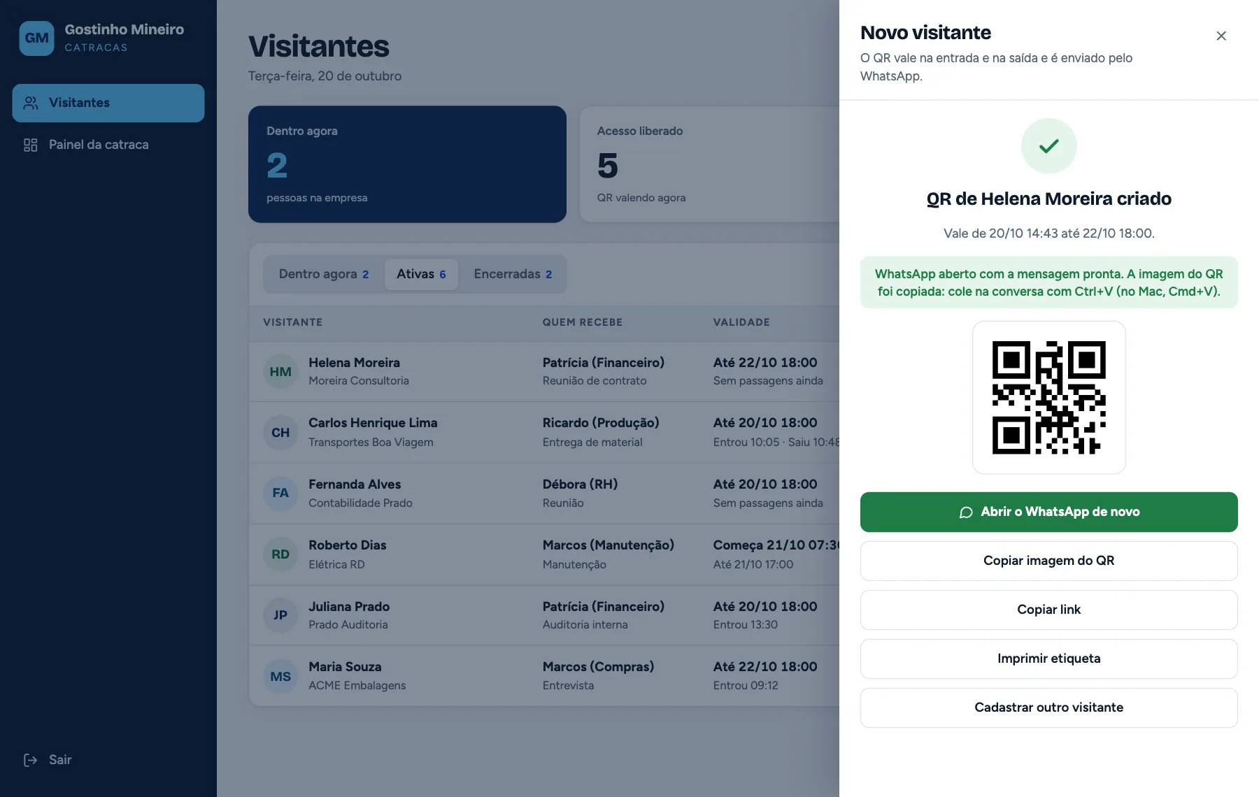Confirmation panel with the generated QR, a WhatsApp-opened notice and copy and print buttons