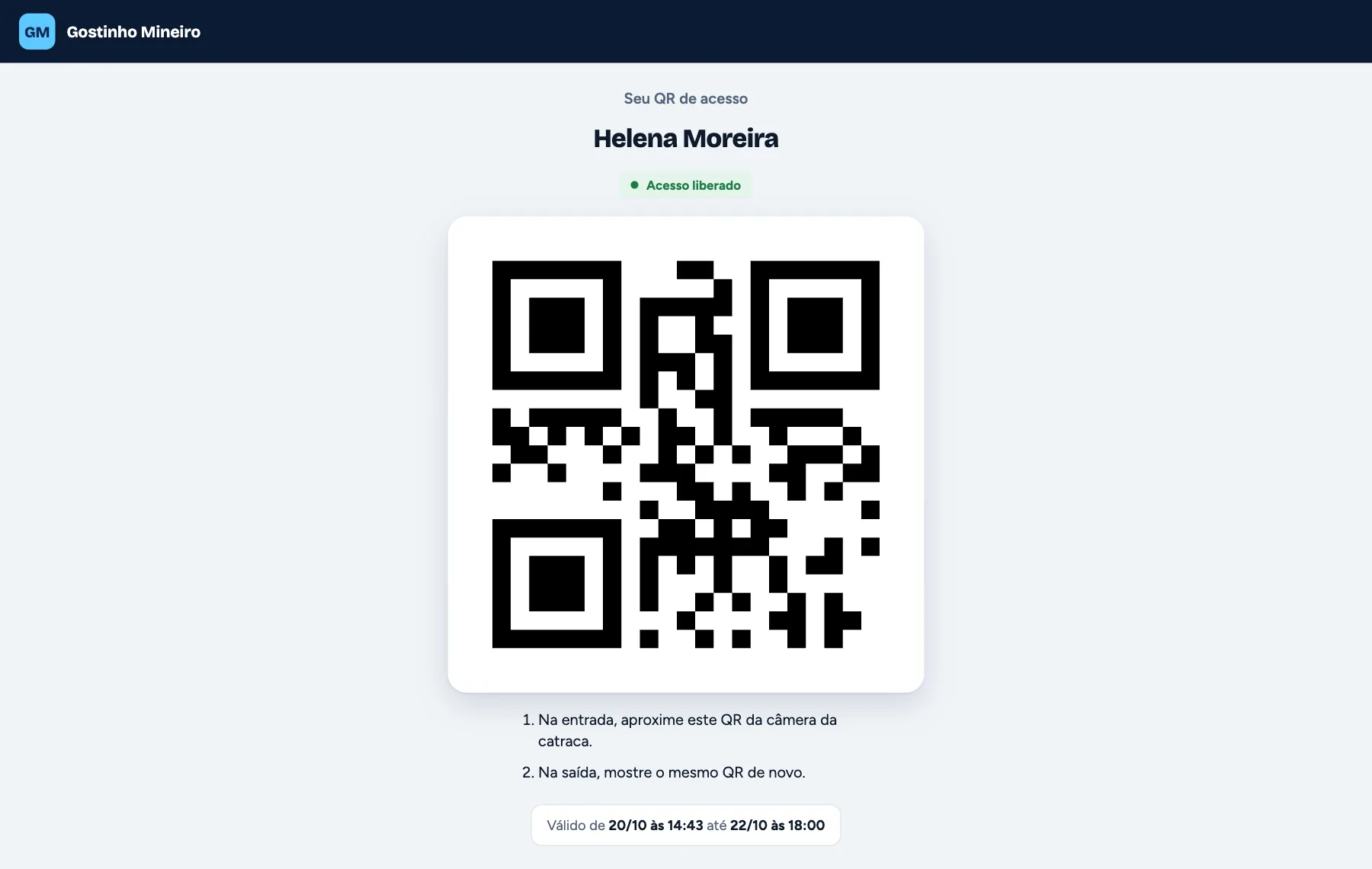 Visitor public page with the name, an access granted badge and a large QR